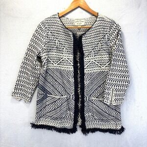 Lucky Brand Geometric Fringe Knit Coatigan Jacket Womens Large Blue Boho Tribal